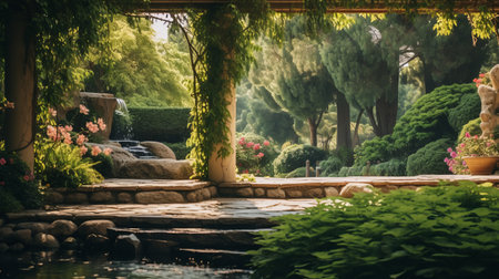 a stunning garden featuring a picturesque waterfall on a sunny summer afternoon. this captivating scene, reminiscent of nadav kander's orientalist imagery, is captured in ultra-high definition. the timeless artistry of daniel garber is evident in this mediterranean-inspired landscape, beautifully photographed with a ricoh gr iii. ai generatedの素材