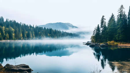 a stunning 8k resolution photo captures a serene lake surrounded by trees, with a misty backdrop. the swiss style composition features a light gray and turquoise color palette, creating a visually captivating scene. this national geographic photo showcases grandiose environments, highlighting the sensitivity to the natural world and the essence of hikecore. ai generatedの素材