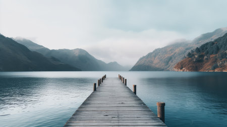 a wooden platform positioned next to a serene lake, framed by majestic mountains and fluffy clouds. the light teal and dark gray color palette adds a calming touch to the scene. the symmetrical composition creates a sense of balance and tranquility. the misty atmosphere enhances the overall ambiance. captured with a canon f-1, this photo is truly inspirational, showcasing the beauty of nature. ai generatedの素材
