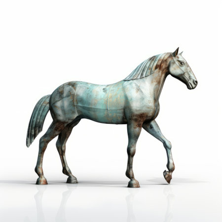 an animated horse stands on a white surface, showcasing a unique blend of bronze and azure colors. the weathered materials give it an authentic and rustic look, reminiscent of engineering construction and design. the bronze patina adds a touch of elegance, while the light red and cyan hues create a captivating contrast. this photorealistic rendering captures the essence of the yankeecore style. ai generatedの素材