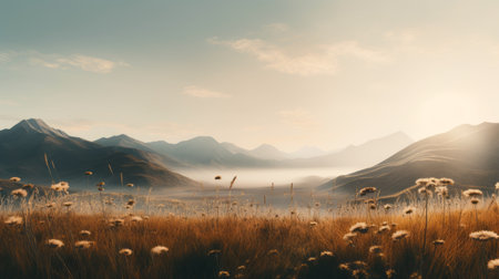 dandelions and mountains grace a sunlit field in this uhd image. the realistic landscape showcases soft, tonal colors and a gauzy atmospheric quality. delicately rendered, the scene evokes a romantic riverscape with light cyan and dark amber hues. nature-inspired installations add to the overall beauty of this captivating view. ai generatedの素材