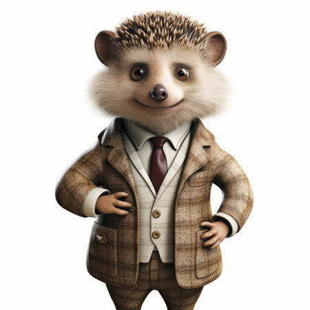 a cartoon hedgehog wearing a suit grins in a studio portrait, with an upturned tree stump in the background. the image showcases a unique blend of realistic and hyper-detailed renderings, featuring an elegant and stylish hedgehog character. the hedgehog's fur is light brown and white, resembling a leatherhide texture, creating a captivating aurorapunk aesthetic. ai generatedの素材