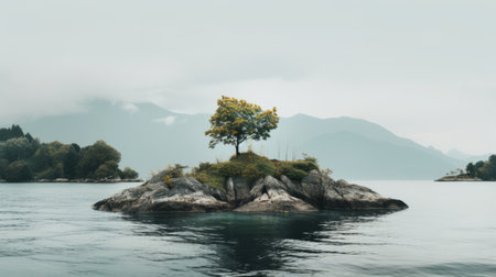 a small tree stands alone on an island amidst the vast ocean, capturing the essence of lo-fi aesthetics. this nature-inspired image exudes a moody and atmospheric vibe, reminiscent of italian landscapes. the naturalist aesthetic is beautifully portrayed, creating a sense of tranquility and serenity. the terragen effect adds a touch of surrealism to this captivating scene. ai generated