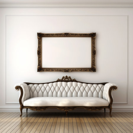 elegant sofa with a round frame placed in front of a white wall. this 3d render captures the essence of victorian genre paintings, with its classicist portraiture style. the dark white and bronze color scheme adds a touch of sophistication. inspired by advertisements, this image is perfect for framing. creative commons attribution. ai generatedの素材