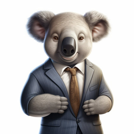 a cartoon bear in a suit and tie, portrayed in a realistic portrait style by magali villeneuve. this uhd image showcases the artist's talent in creating character caricatures. the bear is adorned with native australian motifs, adding a unique touch to the artwork. the use of ivory tones enhances the sophistication of the piece. ai generatedの素材