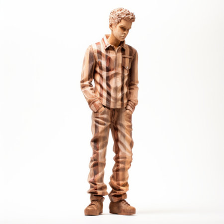 a person wearing black pants and a brown jacket stands next to a white statue from the "incisioni" series by daniel lieske. the statue features striated resin veins and is made of polychrome terracotta. the image, captured by patrick mchale, showcases high detail and a washed-out aesthetic. ai generatedの素材