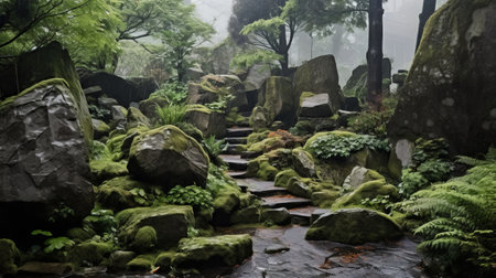 mossy stones in a foggy forest, reminiscent of japanese-inspired art, create a tranquil gardenscape. the whimsical wilderness combines natural and man-made elements, resulting in a pictorial harmony. this passage captures the beauty of the scene on a misty day. ai generatedの素材