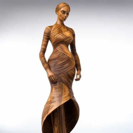 a wooden sculpture of a woman, featuring a long skirt, showcases the artistic style of fluid lines and curves. this captivating artwork, reminiscent of the works by ingrid baars, rob hefferan, and kehinde wiley, is captured in high resolution. the sculpture's surface is adorned with striated resin veins, adding depth and texture to the piece. ai generatedの素材