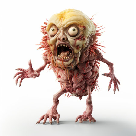 a cartoon zombie, resembling a spherical sculpture, crawls away from the viewer. the highly detailed illustration showcases a unique style with light pink and amber hues. created using zbrush, this artwork can be found on flickr. the zombie is depicted wearing an elaborate costume, adding to the explosive and chaotic atmosphere of the scene. ai generatedの素材