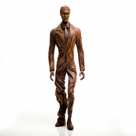 a wooden figurine of a man stands tall, showcasing the intricate art nouveau style with nature-inspired elements. this unique creation combines influences from marvel comics and optical illusionist techniques. the creased details bring a touch of realism to the figure, while the iconic american vibe is enhanced by its construction using vines. ai generatedの素材