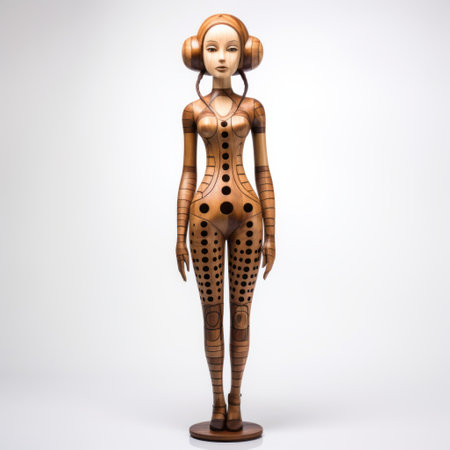 star wars wood sculpture in black, white, and gray, inspired by the style of shintaro kago. this unique piece features body extensions reminiscent of jennifer rubell's work. the sculpture showcases a symmetrical design with a focus on joints and connections. the color palette includes light brown and orange, creating a visually striking and captivating full-body artwork. ai generatedの素材