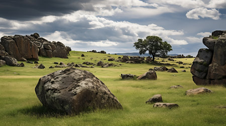 large rocks and grass surround a majestic tree, captured with the stunning tokina at-x 11-16mm f/2.8 pro dx ii lens. this serene pastoral scene is enhanced by atmospheric clouds, creating a captivating contrast between the dark silver rocks and the vibrant light green grass. the bold chromaticity of the image, taken with the ricoh r1, evokes a sense of historical imagery. ai generatedの素材