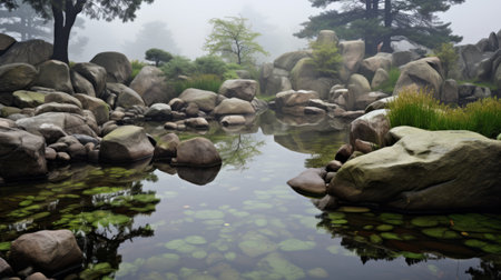 a serene forest lake nestled amidst lush greenery and rocky surroundings, exuding a misty and tranquil atmosphere. this asian-inspired scene, captured with a hasselblad h6d-400c camera, showcases the beauty of nature-inspired shapes. a captivating image from the associated press, it embodies the essence of new american color photography and tranquil gardenscapes. ai generatedの素材