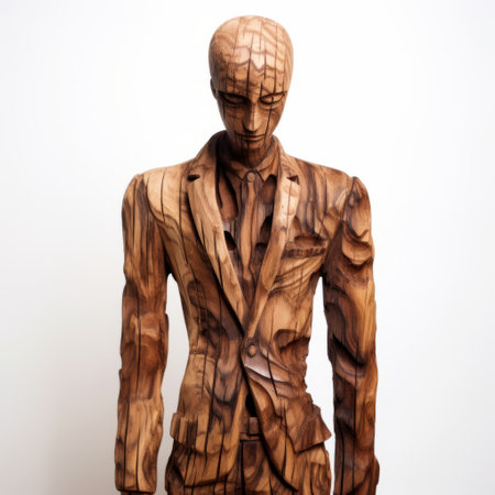 a papier mache man made of wood wearing a suit, showcasing a unique blend of distorted realism and bold manga lines. this artwork features hyper-realistic details and symmetrical asymmetry, created using zbrush. the street style realism is enhanced by the varying wood grains, adding depth and texture to the overall composition. ai generatedの素材