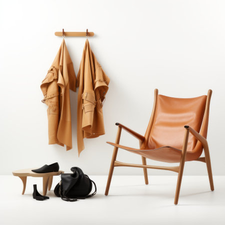 leather chair and shoes hanging from wall, light orange and light brown, larme kei style, folklore-inspired, crisp and clean look, deconstructed tailoring, nature-inspired pieces, limited color range. ai generatedの素材