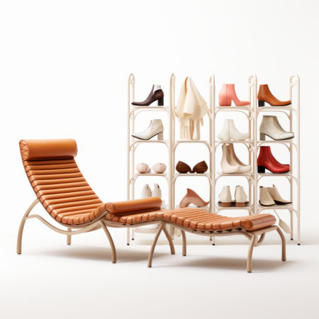a standing model showcasing shoes on display, featuring realistic and hyper-detailed renderings. the design incorporates elements of bentwood, industrial and product design, resulting in photorealistic compositions. the photograph, captured by signe vilstrup, utilizes a limited color range, creating a visually striking image. the shoes are from the toms barcel collection. ai generatedの素材