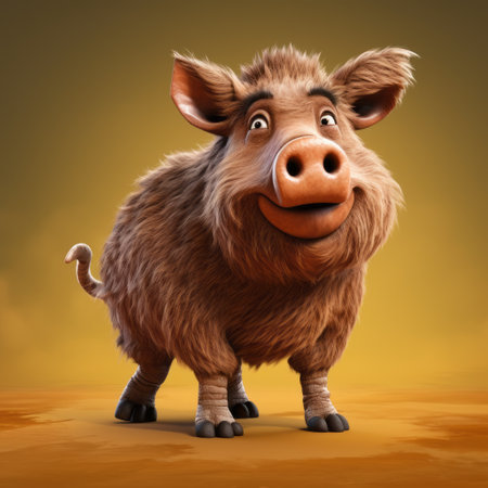 a cartoon boar is depicted in a wild landscape in this hyper-realistic oil-style animation stock photography. the playful character design showcases caricature faces, while the uhd image captures subtle gradients of light pink and dark beige. the image has been digitally enhanced to enhance its visual appeal. ai generatedの素材