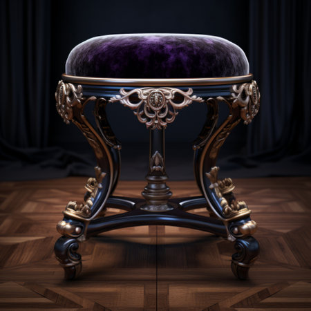 a tufted purple stool with an ornate design and large purple velvet cushion. rendered in unreal engine, this stunning piece showcases vignetting and rococo portraitures. created using zbrush, the stool features a dark black and gold color scheme, intricate woodwork, and was the winner of a contest. ai generatedの素材