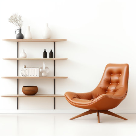 an orange leather chair sits in front of a bookshelf, showcasing minimalist ceramics and realistic interiors. the light white and brown tones of the chair complement the american mid-century design, while the naturalistic renderings and earthy color palette create a harmonious atmosphere. the white background enhances the overall aesthetic appeal. ai generatedの素材
