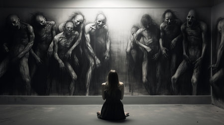 installation art: a haunting black and white painting depicting anxiety, featuring a screaming barbara amidst eerie shadows on the wall. this captivating artwork evokes a profound sense of loneliness, resembling a realistic pencil sketch on paper. ai generatedの素材