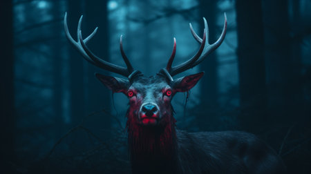 a demonic deer with red eyes and an evil grin, captured in a grainy, distant photograph. ai generatedの素材