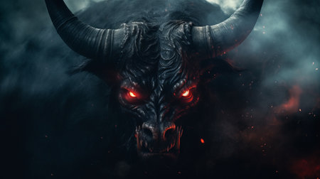 a terrifying demonic bull with red eyes and a grin of pure evil stares directly at you. the grainy quality of the photo adds to the sense of distance and unease. keywords: terrifying demonic bull, red eyes, pure evil, grainy quality, distance, unease. ai generatedの素材