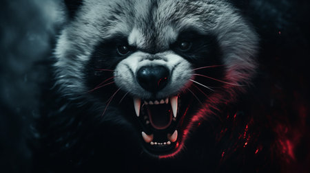 a terrifying demonic panda with red eyes and a grin of pure evil stares directly at you. the photo, taken from a distance, has a grainy quality that adds to the eerie atmosphere. keywords: terrifying demonic panda, red eyes, pure evil, grainy quality, distance. ai generatedの素材