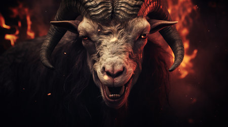 a terrifying demonic goat with red eyes and a grin of pure evil stares directly at you. the grainy quality of the photo adds to the eerie atmosphere, as if it was taken from a distance back. ai generatedの素材