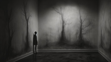 a creepy and sad black and white environmental art piece featuring a daniel shouting, with haunting shadows cast on the wall. this artwork evokes a profound sense of loneliness, resembling a realistic pencil sketch on paper. ai generatedの素材