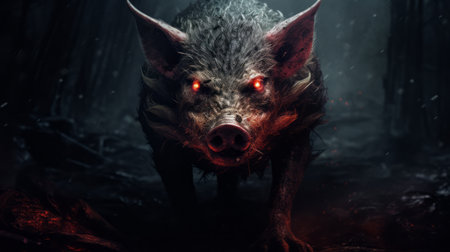 a terrifying demonic pig with red eyes and a grin of pure evil stares directly at you. the grainy quality of the photo adds to the eerie atmosphere, as if it was taken from a distance back. ai generatedの素材
