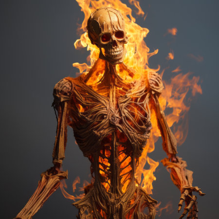 art deco skeleton standing in the fire, showcasing meticulous detail and a thick texture reminiscent of the renowned artist chris brown. this captivating piece is inspired by land art, combining elements of nature and the human form in a unique and thought-provoking way. ai generatedの素材