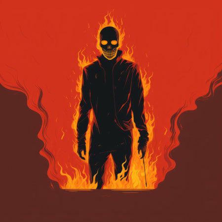 a minimalism skeleton stands amidst a blazing fire, reminiscent of travis scott's artistic style. the meticulous attention to detail and the thick texture of the artwork further accentuate the influence of travis scott. the piece also showcases an art deco-inspired aesthetic, adding a unique touch to the overall composition. ai generatedの素材