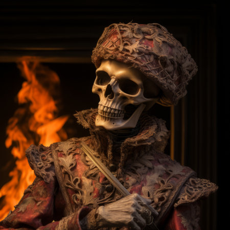 renaissance skeleton standing in the fire, showcasing meticulous detail and a thick texture reminiscent of justin bieber's style. this artwork is photorealism-inspired, capturing the essence of both the renaissance era and the contemporary pop culture icon, justin bieber. ai generatedの素材