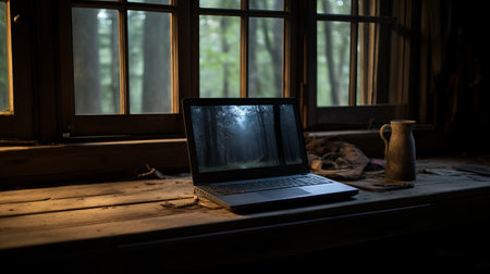 a laptop stand is seen positioned behind a window of an abandoned house, showcasing the unique goblincore style. the image captures the essence of natural fibers and is presented in stunning 8k resolution. with a shallow depth of field, the dark gray and bronze tones create a forestpunk atmosphere, providing an authentic depiction of this captivating scene. ai generatedの素材