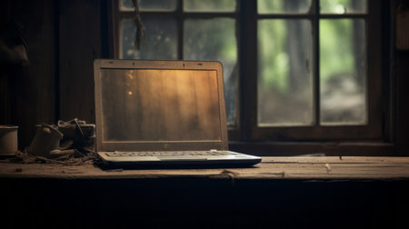 a laptop stand is seen positioned behind the window of an abandoned house, showcasing the unique aesthetic of goblincore. the image captures the essence of natural fibers and is presented in stunning 8k resolution. with a shallow depth of field, the dark gray and bronze tones create a forestpunk atmosphere, providing an authentic depiction of this intriguing style. ai generatedの素材