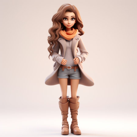 a stylish and stunningly beautiful happy jerry, a 3d cartoon character created using zbrush and blender. jerry has large almond eyes, full lips, and is dressed in a fashionable fall outfit with warm boots. this hd image showcases the luxury aesthetic of the character against a white background, making it perfect for flat art and fashion-related projects. ai generatedの素材