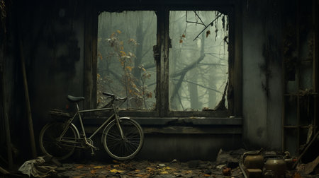 a bike stands behind the window of an abandoned house, showcasing the goblincore style. the image captures the essence of natural fibers with its dark gray and bronze tones. shot in 8k resolution, the shallow depth of field adds depth to the scene. this forestpunk-inspired photograph authentically depicts the beauty of forgotten spaces. ai generatedの素材