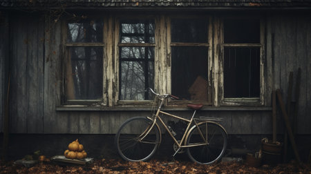 a bike stands behind the window of an abandoned house, showcasing the goblincore style. the image captures the essence of natural fibers with its dark gray and bronze tones. shot in 8k resolution, the photo features a shallow depth of field, adding depth and intrigue. this forestpunk-inspired scene authentically depicts an enchanting and mysterious atmosphere. ai generatedの素材