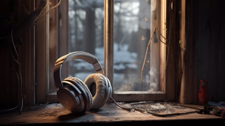 headphone stands, in the style of goblincore, are seen behind a window of an abandoned house. the stands are made of natural fibers and are captured in stunning 8k resolution. the shallow depth of field adds a touch of mystery to the dark gray and bronze tones, creating a forestpunk aesthetic. these authentic depictions truly capture the essence of the scene. ai generatedの素材