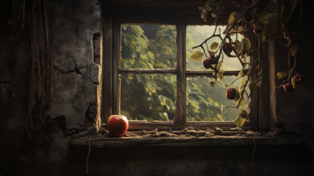 an apple, in the style of goblincore, rests on a windowsill inside an abandoned house. the photo showcases natural fibers, with a shallow depth of field capturing the apple in sharp focus against a backdrop of dark gray and bronze tones. this forestpunk-inspired image offers an authentic depiction, presented in stunning 8k resolution. ai generatedの素材