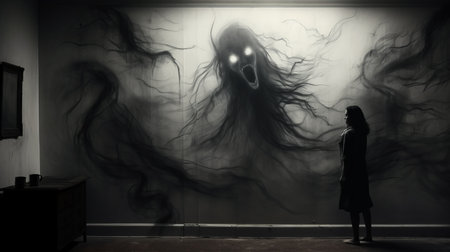 a creepy anxiety painting in black and white featuring a susan shouting, with haunting shadows on the wall. this artwork evokes a profound sense of loneliness, resembling a realistic pencil sketch on paper. ai generatedの素材
