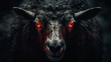a terrifying demonic sheep with red eyes and a grin of pure evil stares directly at you. the grainy quality of the photo adds to the eerie atmosphere, as if it was taken from a distance back. ai generatedの素材