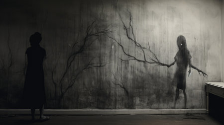 textile art: a haunting black and white painting featuring a sorrowful sarah, her voice echoing in the shadows on the wall. this textile artwork evokes a profound sense of loneliness, resembling a realistic pencil sketch on paper. ai generatedの素材