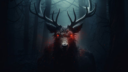a demonic deer with red eyes and an evil grin, captured in a grainy, distant photograph. ai generatedの素材
