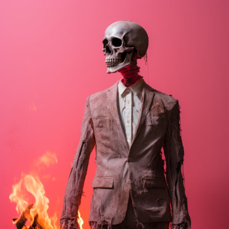 realism skeleton standing in the fire, showcasing meticulous detail and a thick texture. this artwork is inspired by the style of justin bieber and incorporates elements of de stijl. ai generatedの素材