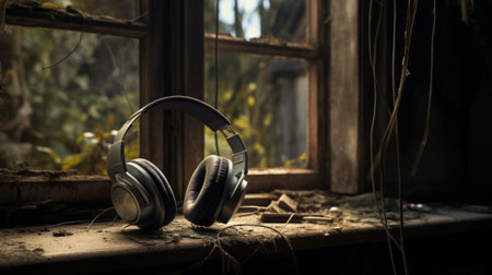 headphone stands, in the style of goblincore, are seen behind a window of an abandoned house. the stands are made of natural fibers and are captured in 8k resolution with a shallow depth of field. the color palette of dark gray and bronze adds to the forestpunk aesthetic, creating authentic and captivating depictions. ai generatedの素材