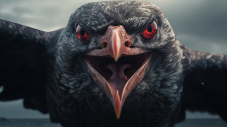 a demonic seagull with red eyes and an evil grin, captured in a grainy, distant photograph. ai generatedの素材