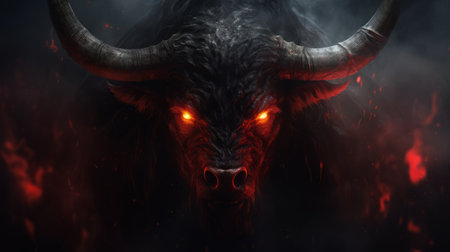 a terrifying demonic bull with red eyes and a grin of pure evil stares directly at you. the grainy quality of the photo adds to the eerie atmosphere, as if it was taken from a distance back. ai generatedの素材
