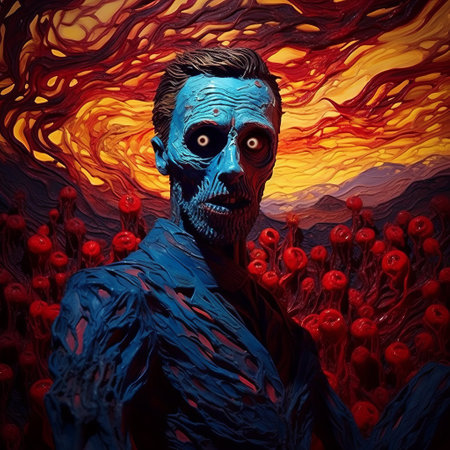 macabre painting of elsa from frozen transformed into a zombie, inspired by vincent van gogh's style. this dark and creepy artwork captures the eerie essence of the character, merging the worlds of fantasy and horror. ai generatedの素材
