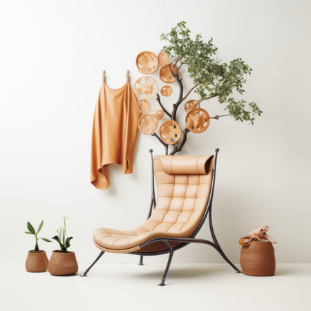 a stool, plant, and chair are showcased together in an elegant installation. the light orange and bronze color scheme, along with the naturalistic rendering, creates a harmonious and high-detailed wall sculpture. this matte photo captures the beauty of the arrangement, which exudes a sense of harmony with nature. ai generatedの素材